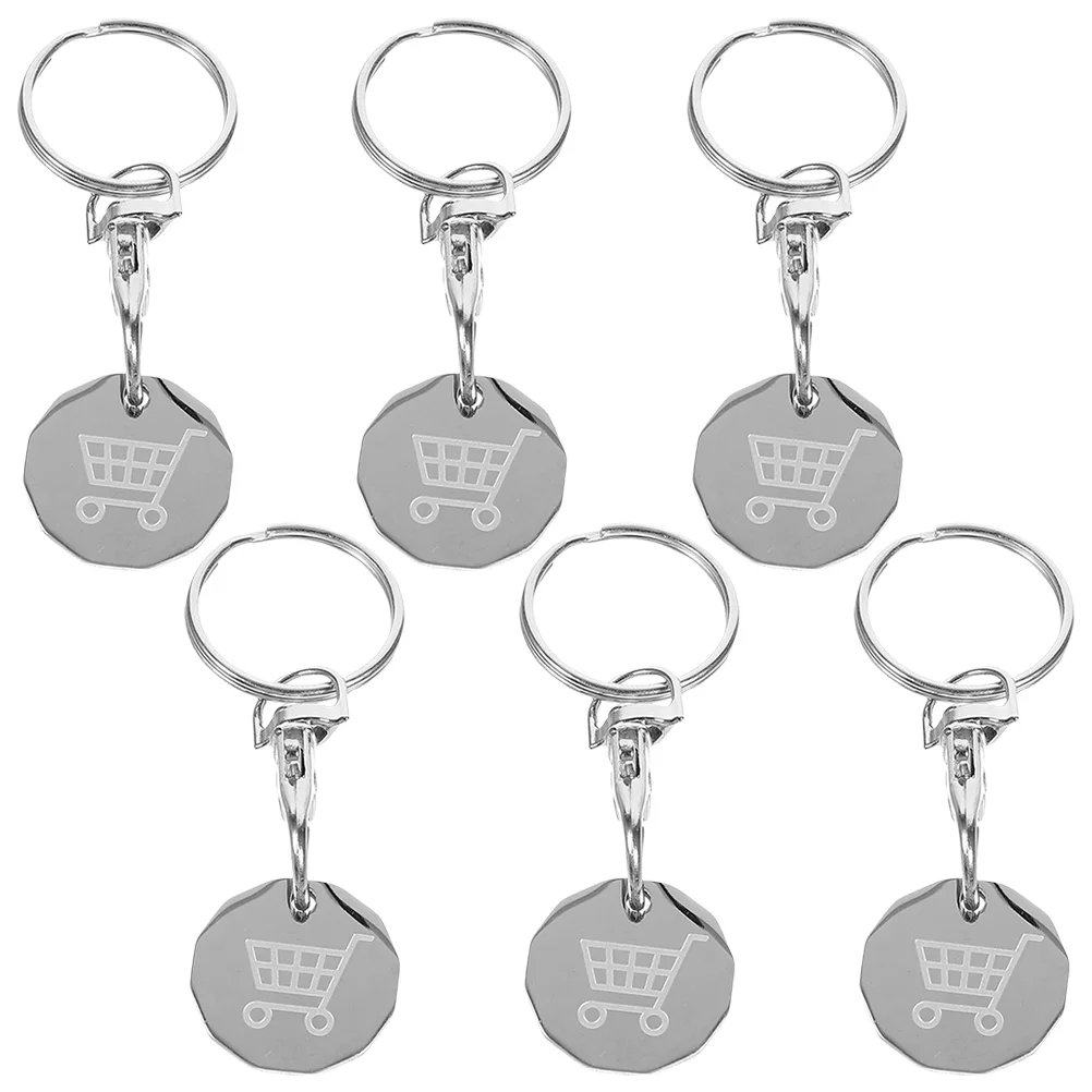 6 Pcs Cart Token Pendant Key Ring Keychains European and American Stainless Steel Trolley Rings