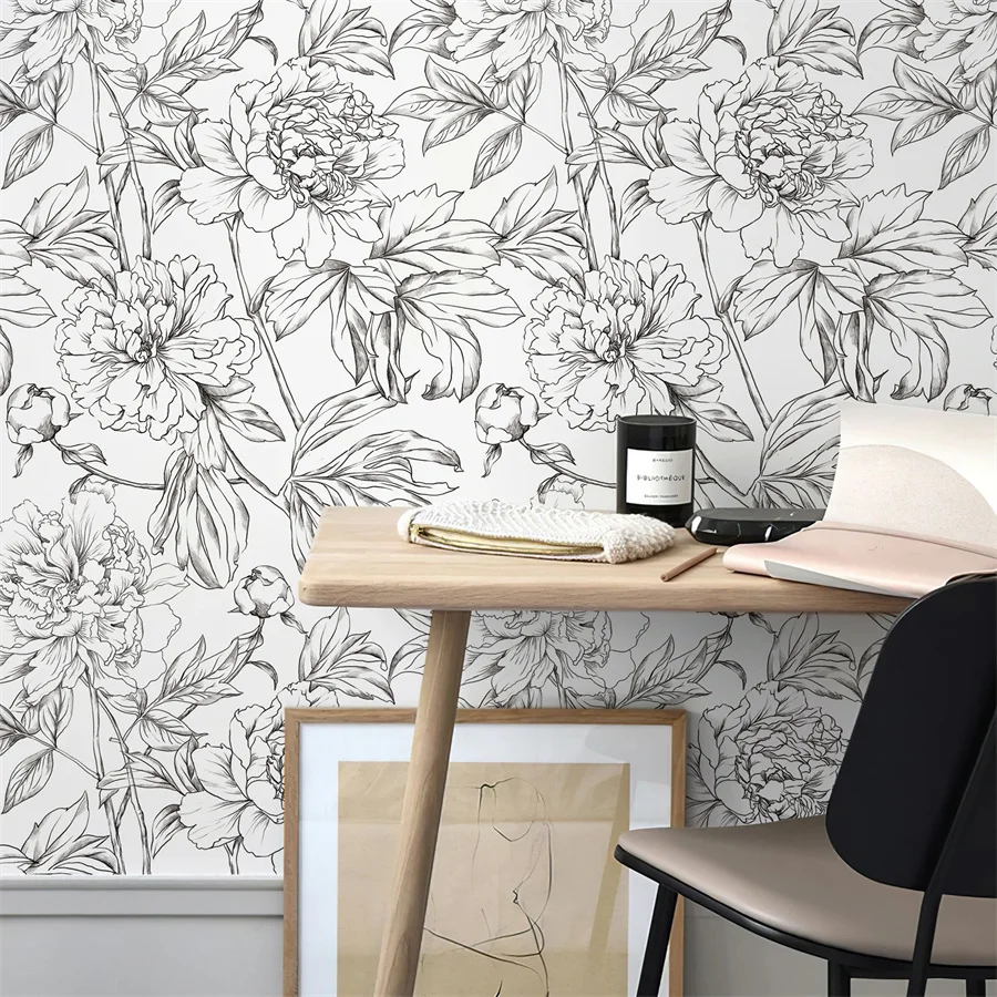 Custom Wallpaper Abstract Drawing Tropical Rainforest Plants Background Retro Line Sketch Floral White And Black Flowers mural