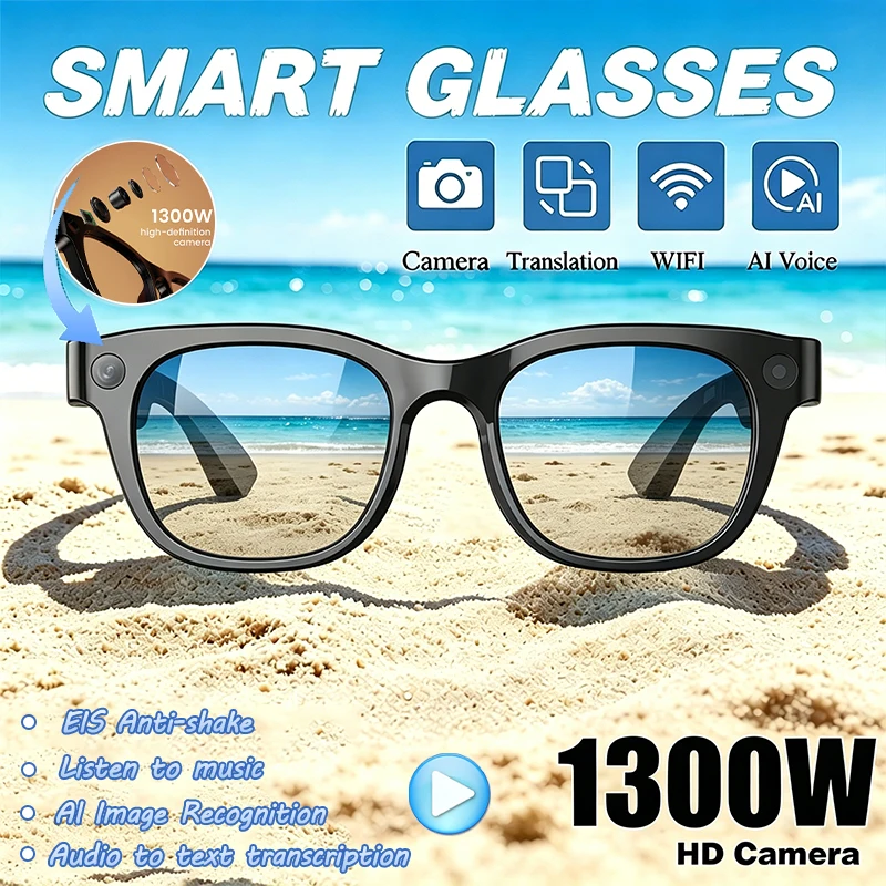 

New Smart Camera Glasses 1300W HD Camera EIS Anti-shake Video Recording AI Translation Wireless Call Smart Technology Glasses