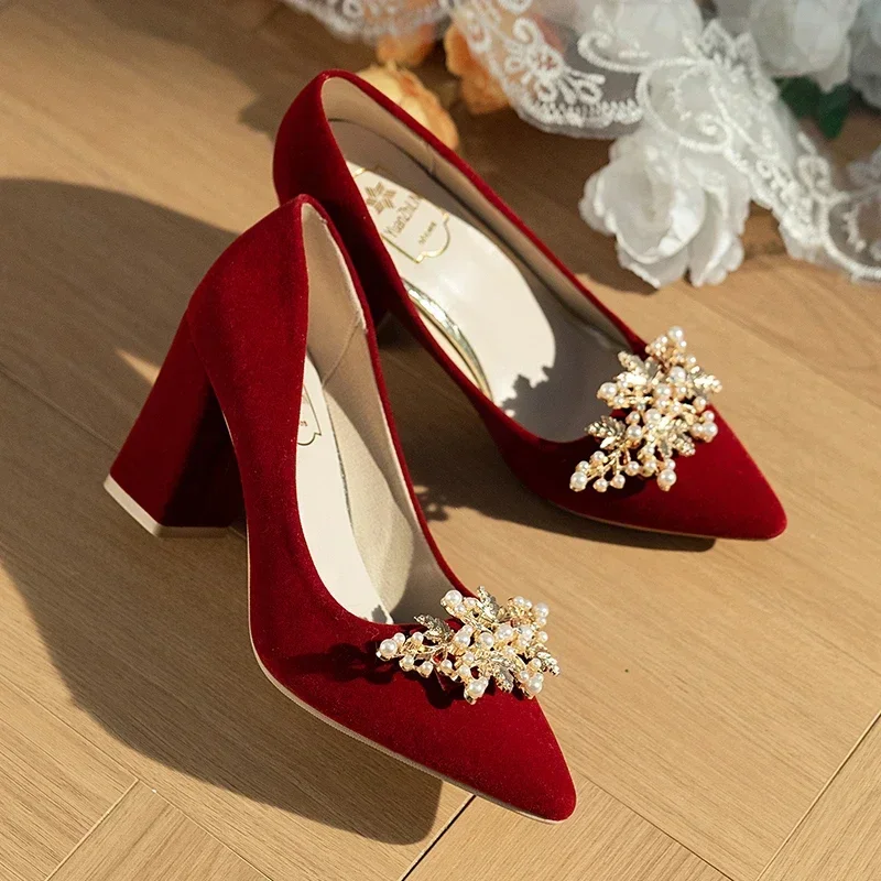 2024 New Spring Summer Autumn Wedding Shoes Women\'s Thick Heels Bride Red Suede Wedding Barefoot Shoes