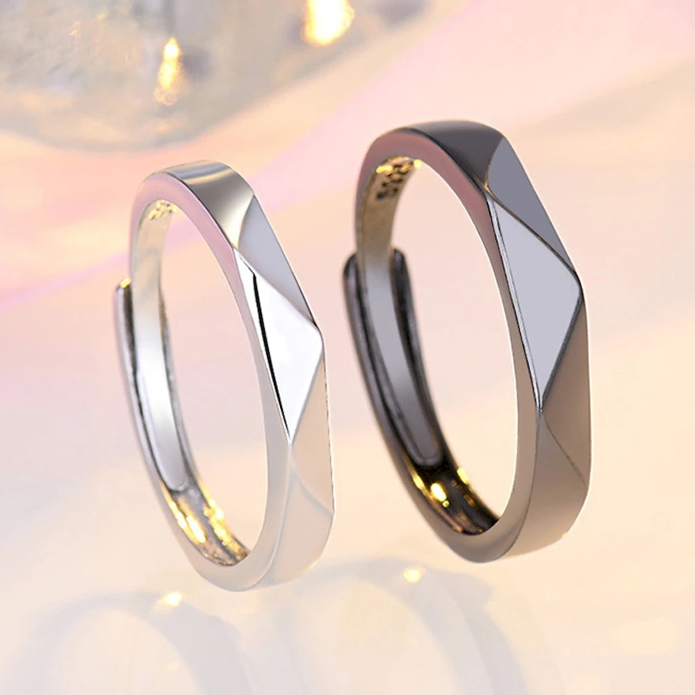 1 Pair Adjustable Black White Rhombic Copper Plated Platinum Couple Rings Overlap Opening Finger Jewelry Free Shipping