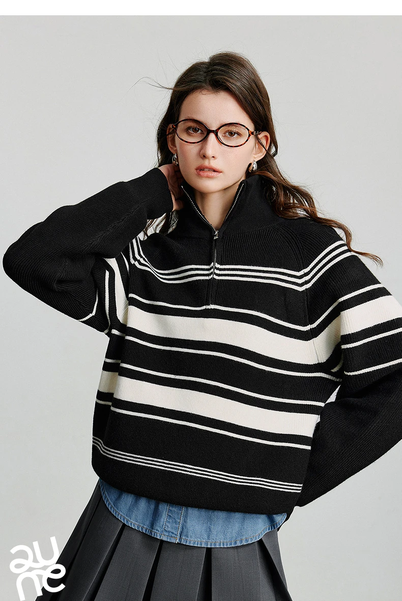 TOYOUTH Women Knitted Sweater 2026 Autumn New Fashionable Style Striped Zipper High Collar Woolen Pullover Sweater Tops
