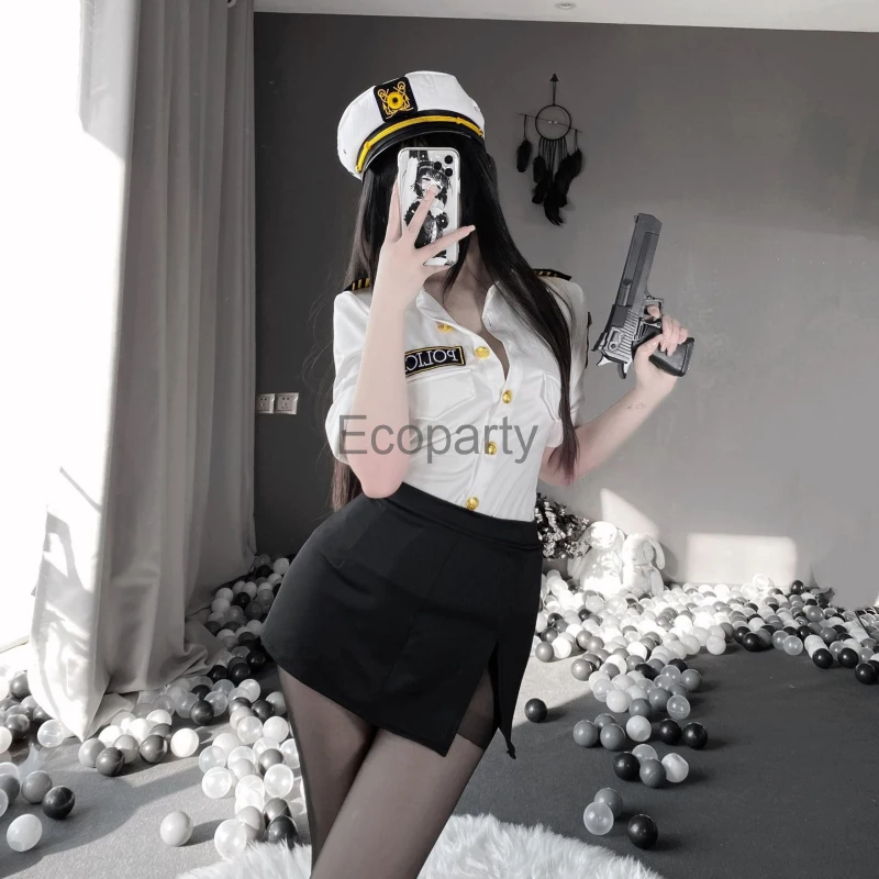 Sexy Branco Manga Curta Policial Cosplay Traje para Mulheres, Camisas Uniformes e Terno Saia, Role Play Lingerie Set, Senhoras