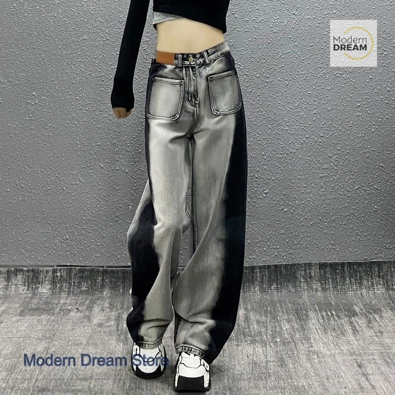 American gray-black color matching plus size jeans women's spring and autumn straight tube loose design Joker wide-leg mop pants