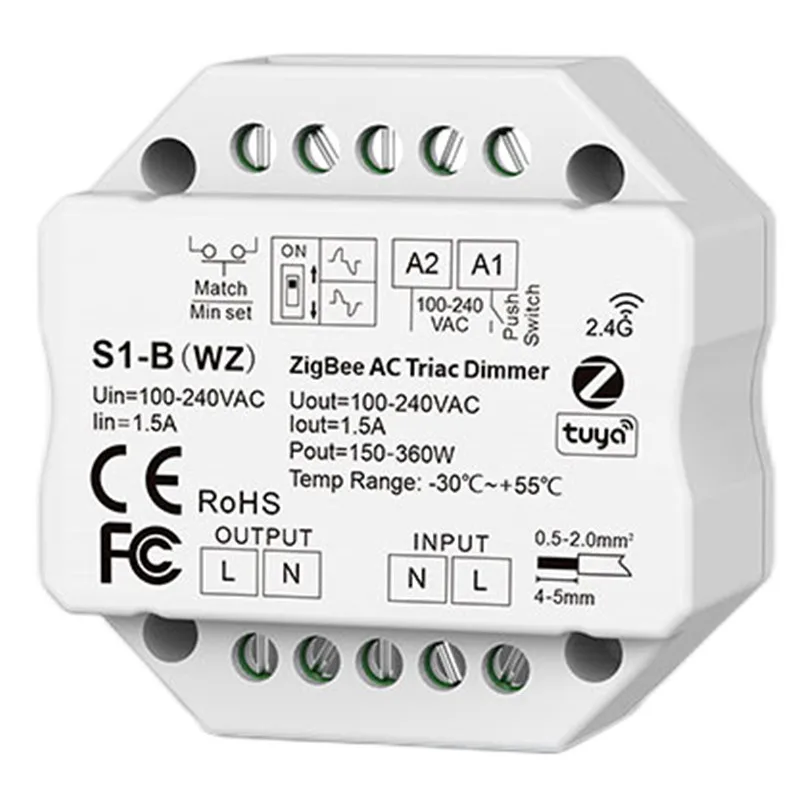 ZIGBEE WiFi & RF Push AC Triac Dimmer Tuya APP Switch 2.4G LED Controller S1-B/S1-B(WT)/S1-B(WZ) For Single Color LED Lamp Strip