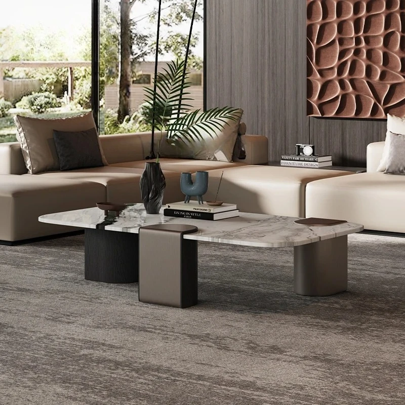 Moderno e minimalista aço inoxidável cinza madeira pé natural luxo pedra mármore retangular mesa de centro