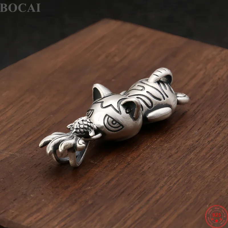 

BOCAI New S925 Sterling Silver Pendant for Men Women Fashionable Exquisite Hollowed Out Fish Cat Charm Fine Jewelry Wholesale