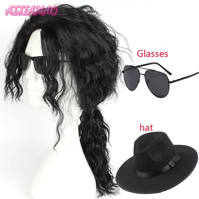 Michael  Cosplay Black Wig Michael Role Play Medium Long Curly Black Hair Wig Halloween Cos Wigs