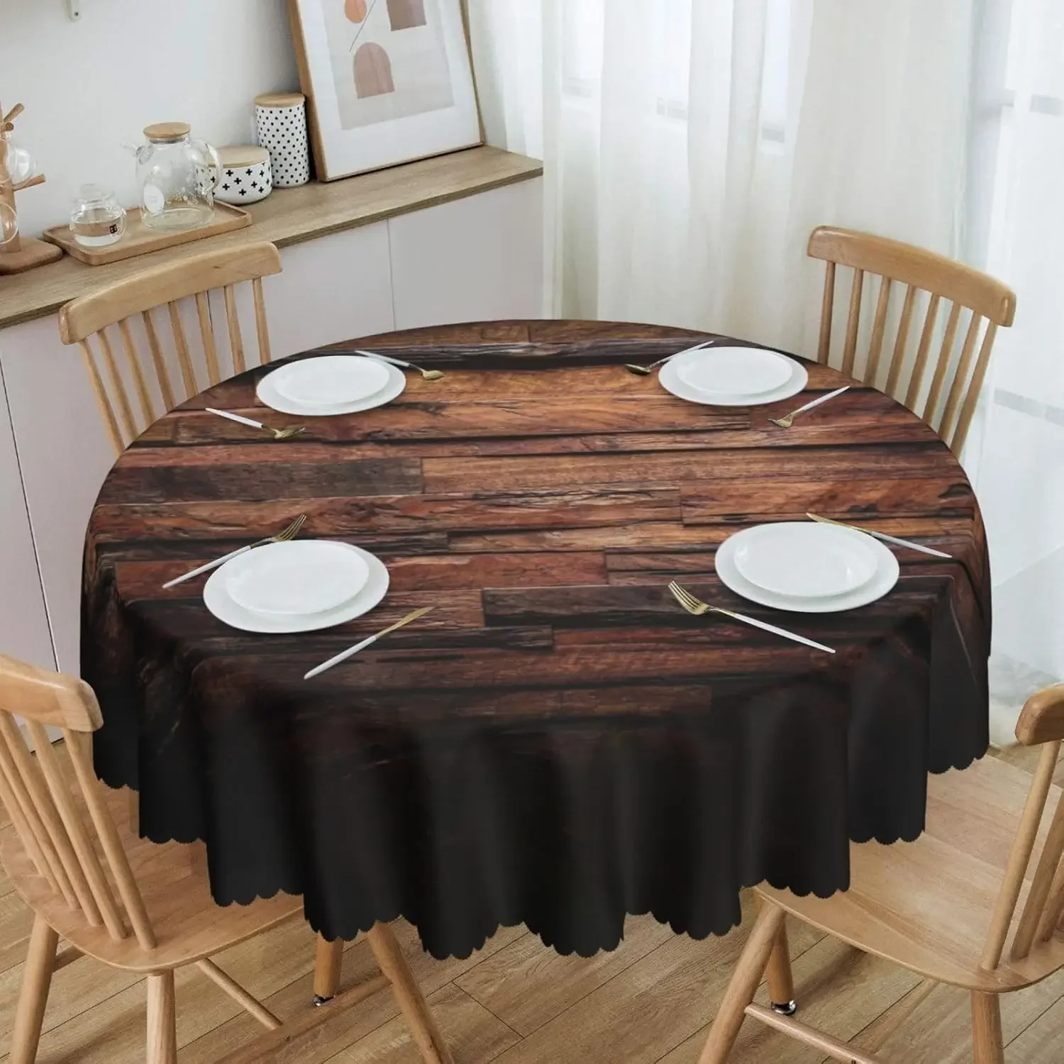 Rustic Farmhouse Dark Wood Circle Tablecloth - Vintage Natural Wooden Board Washable Party Dining Cover