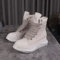 24ss New In Brand Real Leather Rick Canvas Shoes Owens Shoes For Women Lace-up Height Increasing Off-white Color RO Male Sneaker