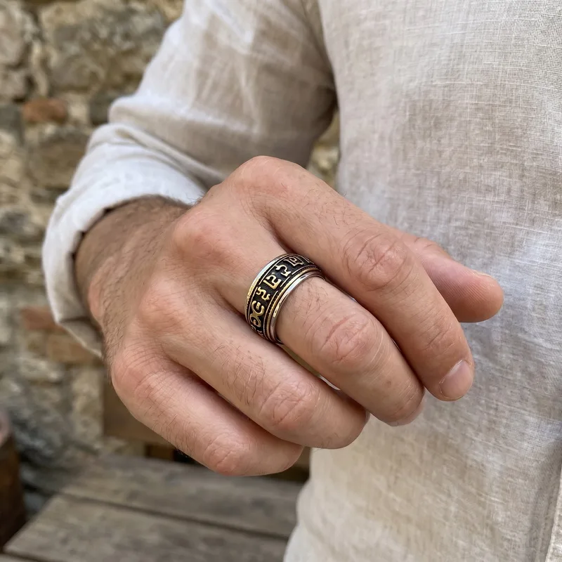 KALEN Lässige Herrenringe aus Edelstahl, Sanskrit-Rune-inspiriert, Vintage-Ring, Fingerschmuck, Modeschmuck, Partygeschenke – Detail 2