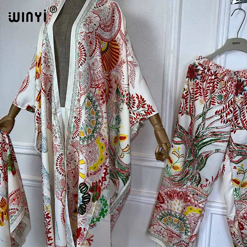 Modne dwuczęściowe spodnie WINYI Africa nadruk w stylu Boho rękaw w kształcie skrzydła nietoperza kimonos damskie spodnie kardigan z nadrukiem na