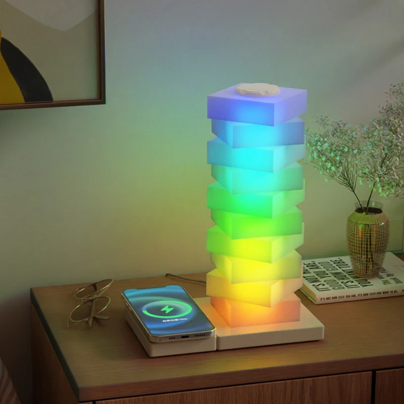 Stained Stacked Lamp With Phone Charging Twistable Pillar Of Light Stained Book Table Lamp Nightstand Desk Lamps Table Lamps