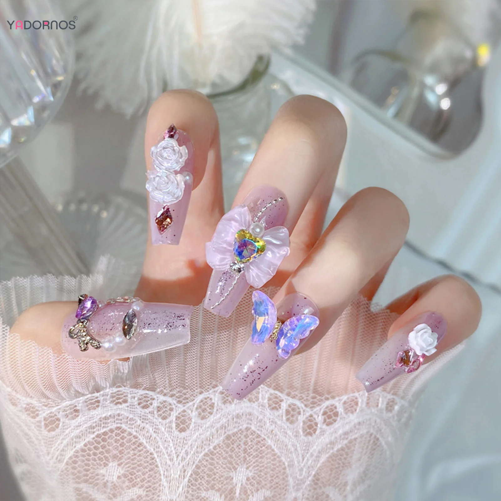 Uñas postizas de color púrpura claro hechas a mano para mujer, decoración de flores con lazo de mariposa, bailarina larga, manicura usable para fiesta diaria