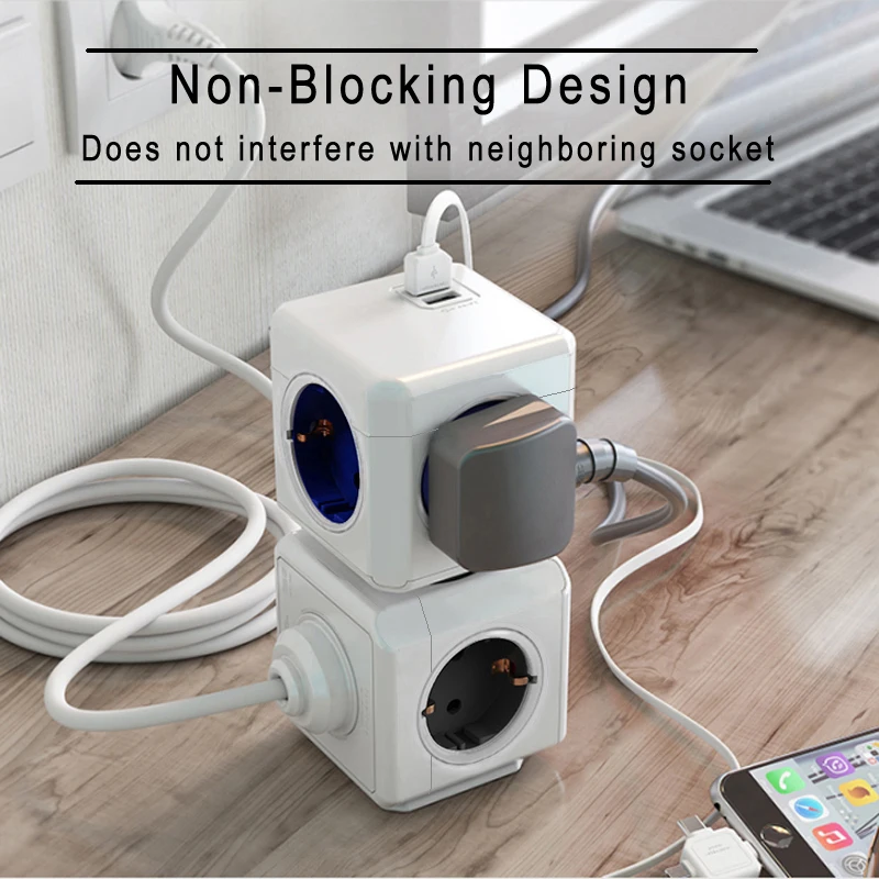 Massfa EU Plug 4 AC Outlet Power Strip 1.5m Extension Cable Multiple Socket with USB C Surge Protector Network Filter Switch