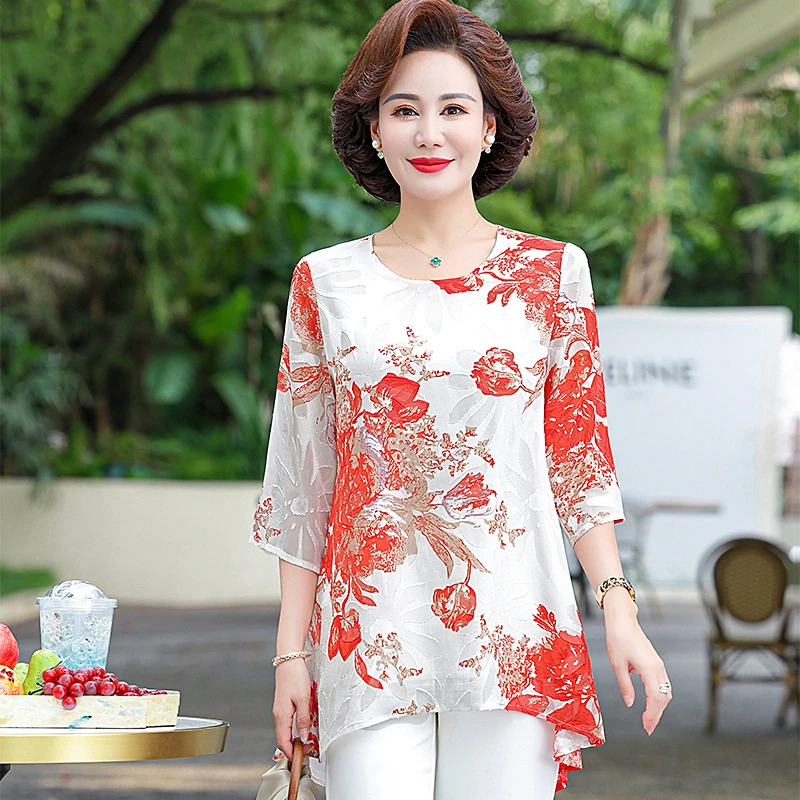 Female Clothing Vintage Floral Printed Midi T-shirt Round Neck 2023 Summer Short Sleeve Irregular All-match Loose Folk Pullovers