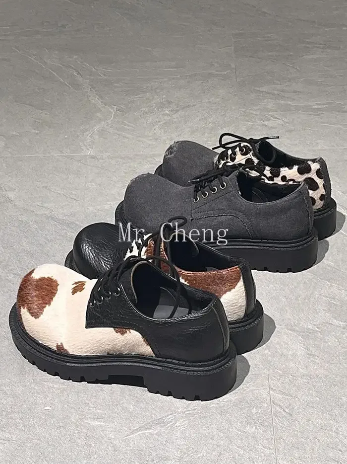 Women's Leopard Print Men Leather Casual Shoes Ankle Lace Up for Women Luxury Designer Plus Size 44 Shoes Fur Decoration Flats