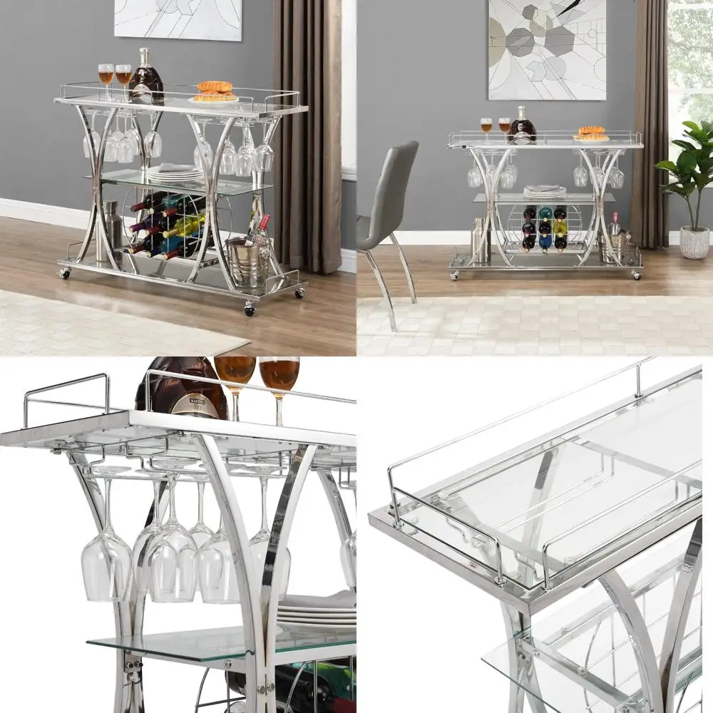 

Three-Tier Wine and Glass Serving Cart with Storage Shelf and Tempered Glass
