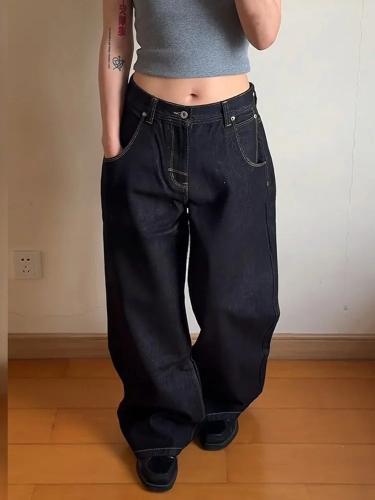 Retro American Street Style Women's Jeans Adjustable Buckle Washed out Floor-Length Pants Spicy Girl Fashion Loose Fit Denim