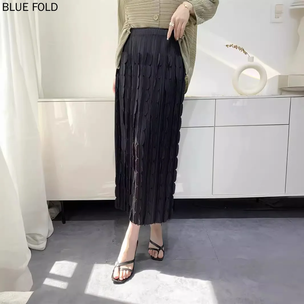 MIYAKE Women\'s Autumn 2024 Pleated Skirt Patch Three-dimensional Decoration Comfortable Casual Pleats Skirt Design Elastic Waist