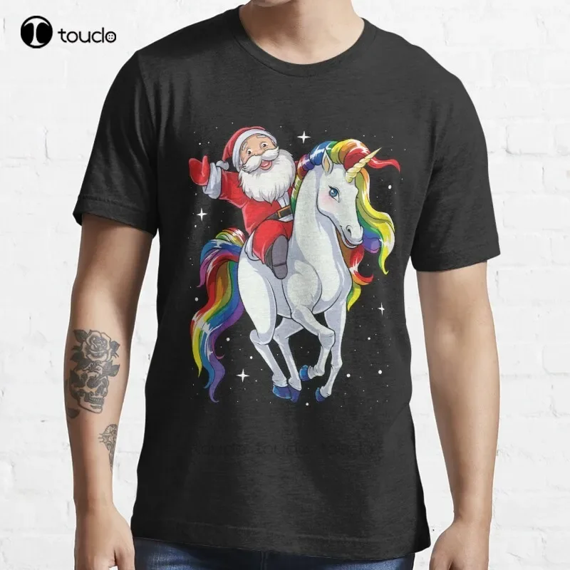 New Santa Riding Unicorn T Shirt Christmas Gifts Rainbow Space Xmas T-Shirt Gifts Ideas T-Shirt Cotton Men Tee Shirt Custom Gift