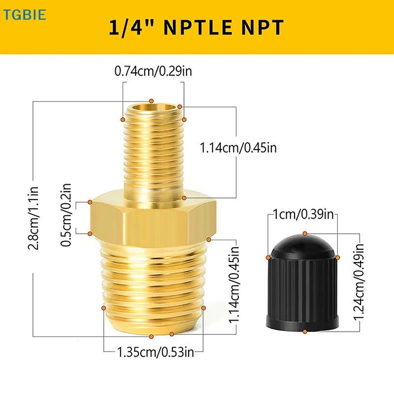 

[TL]2Pcs Brass Air Inflator Adapter W/Valve Stem Inside 1/4" NPT (M) To Standard Schrader Valve (M) Tire Inflator Connector