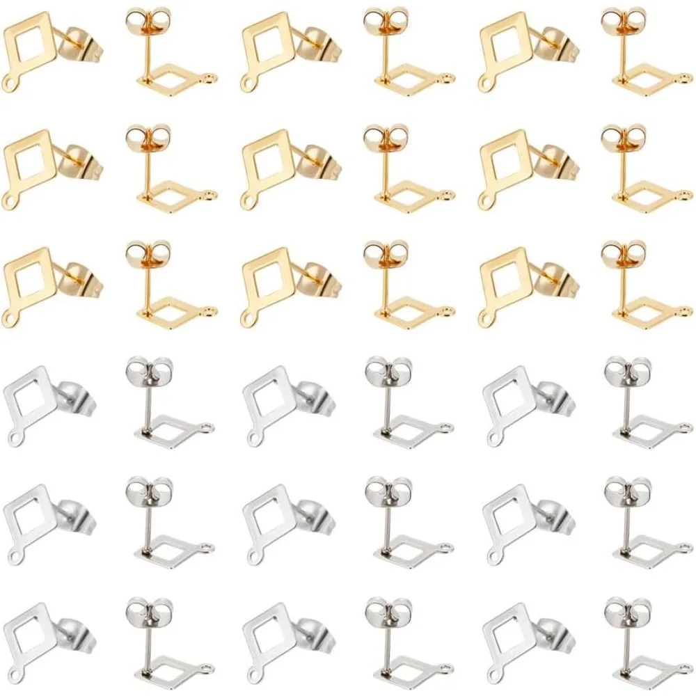 

60pcs 2 Color Stainless Steel Rhombus Stud Earring Finding with Loops and Ear Nuts Metal Earrings Posts Ear Stud with 1mm Hole