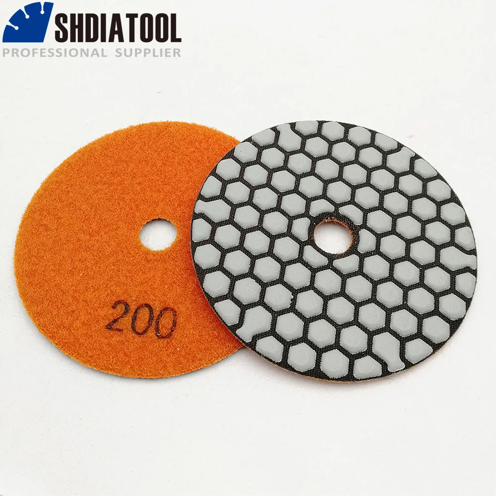 Shdiatool 6 pçs 100mm #200 almofadas de polimento de diamante seco diâmetro 4 polegada resina bond diamante flexível disco de lixamento para granito