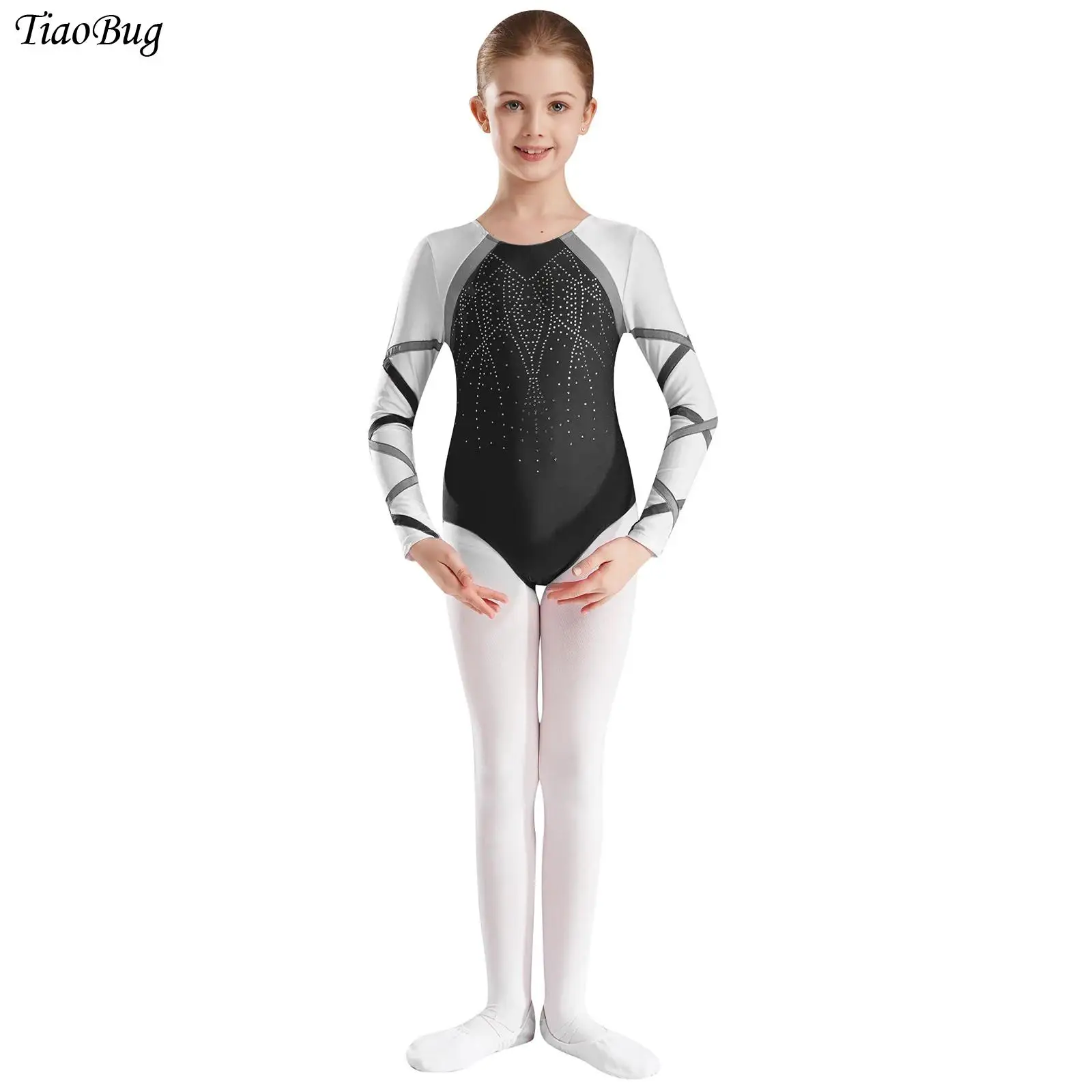 

Glittery Rhinestones Gymnastics Ballet Leotard Kids Girls Long Sleeve Contract Color Bodysuit Figure Skating Performance Costume