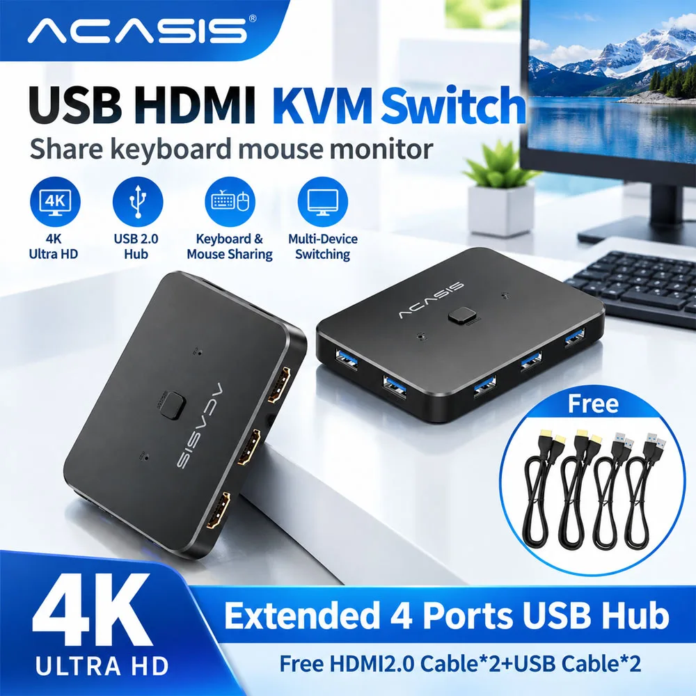ACASIS USB HDMI KVM Switch 2 In 1 Out 4K60Hz Switcher And Extended 4 Ports USB3.0 Hub Manual Sharing Box With Cables for Laptop