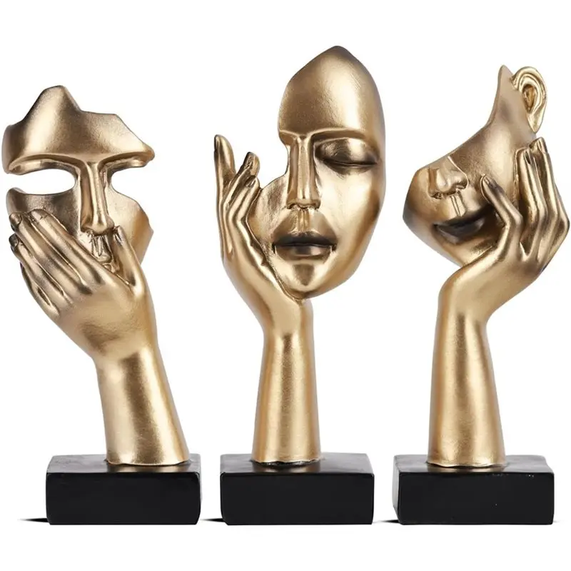 Handmade Gift 3 PCS Face Statue,Golden Black Abstract Art Sculpture Desktop Home Ornament Decoration Handicraft