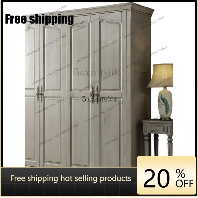 JJ -American solid wood country 4 door wardrobe antique and old high-grade gray bedroom furniture