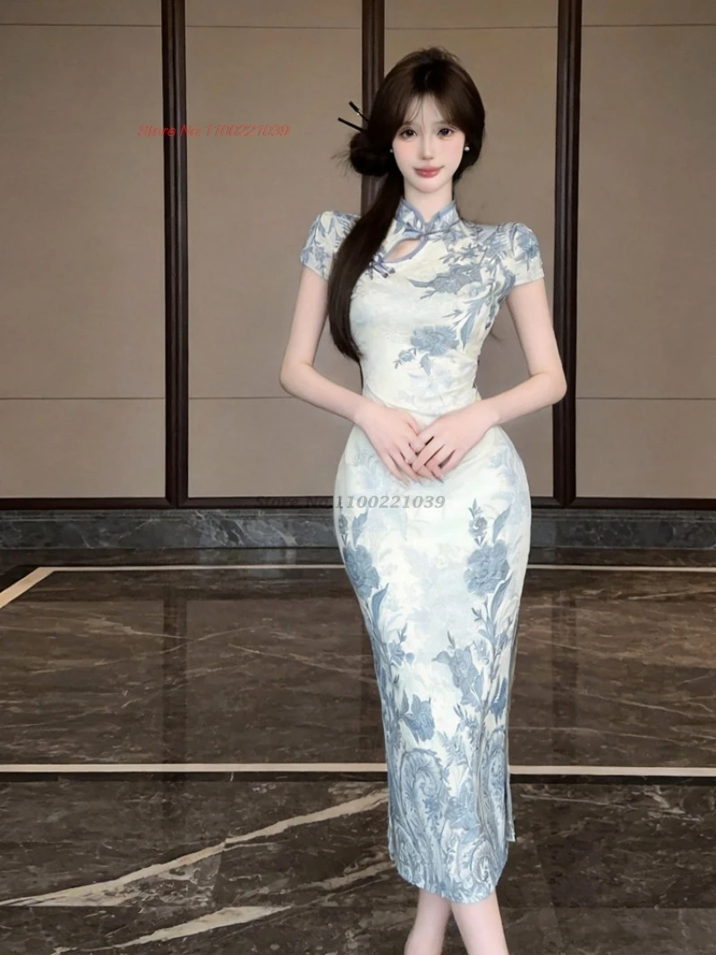 

2026 chinese sexy cheongsam elegant mesh qipao traditional flower print evening dress vintage banquet nightclub dress vestido