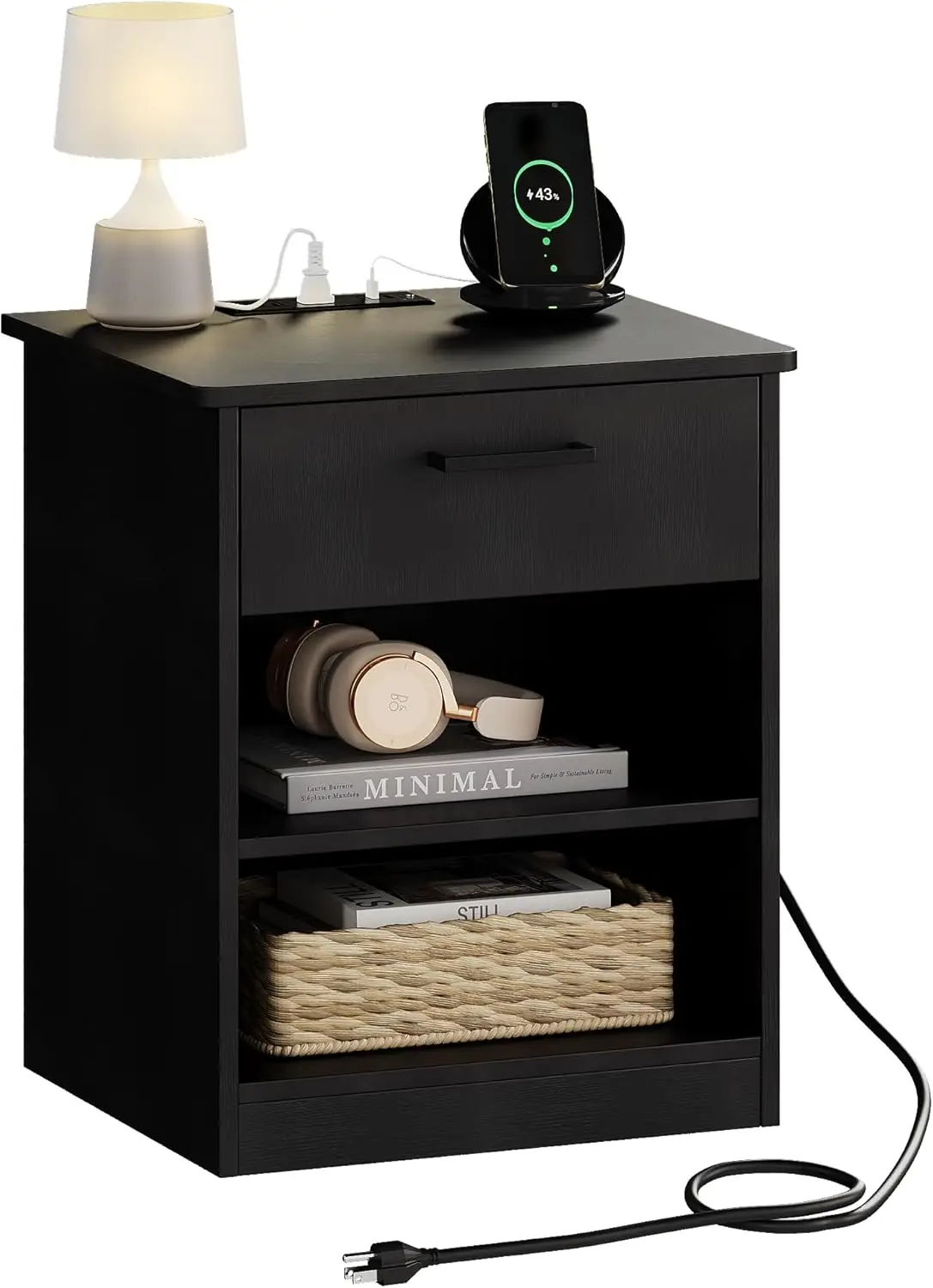 

Side Table with Charging Station - Wooden Black Nightstand Bedside Table with Drawer, End Table with Optional Adjustable Shelf