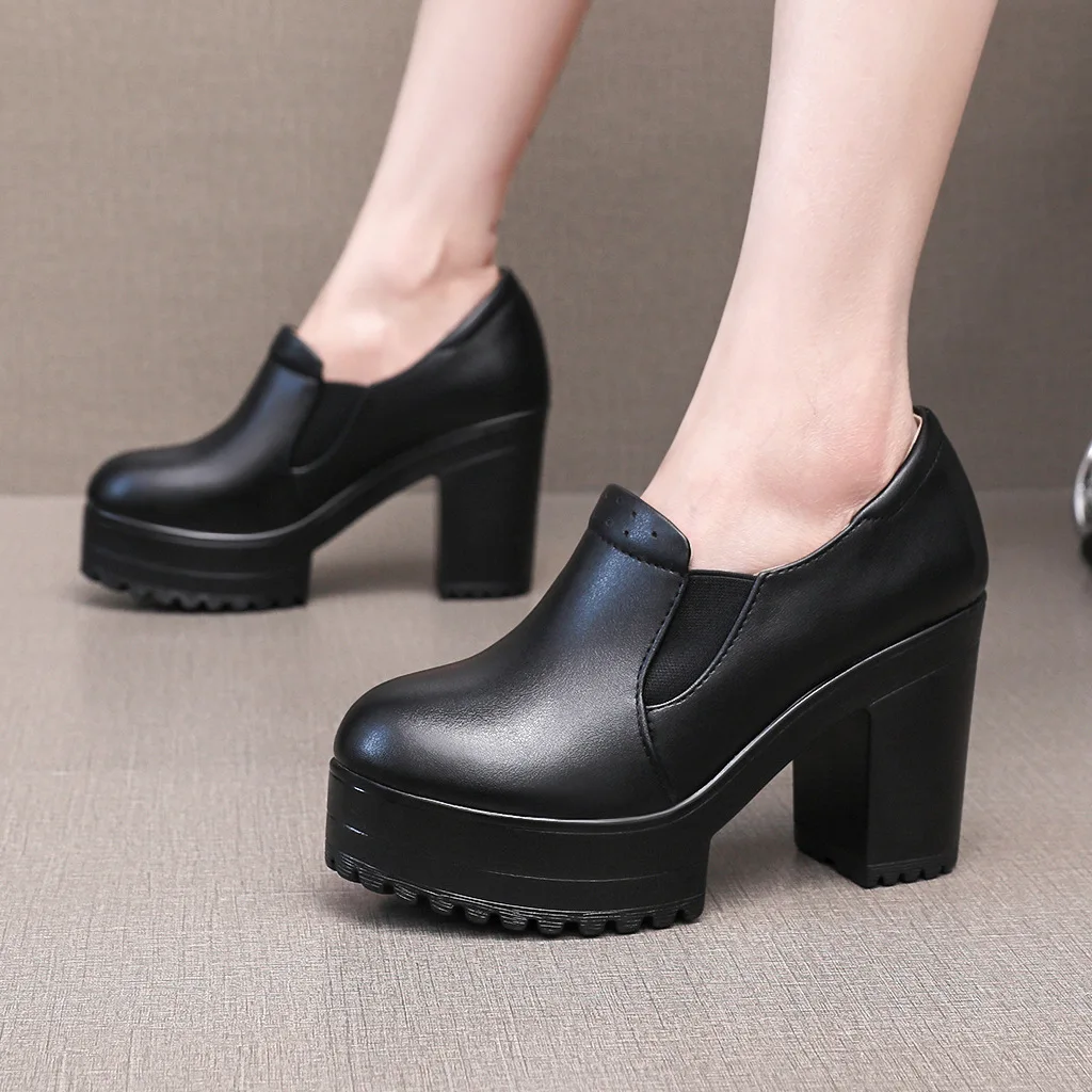 

10cm Elegant Comfortable Soft Leather Shoe Deep Platform Pumps 2026 Spring Block High Heel Shoes with Fur for Office Dress Model