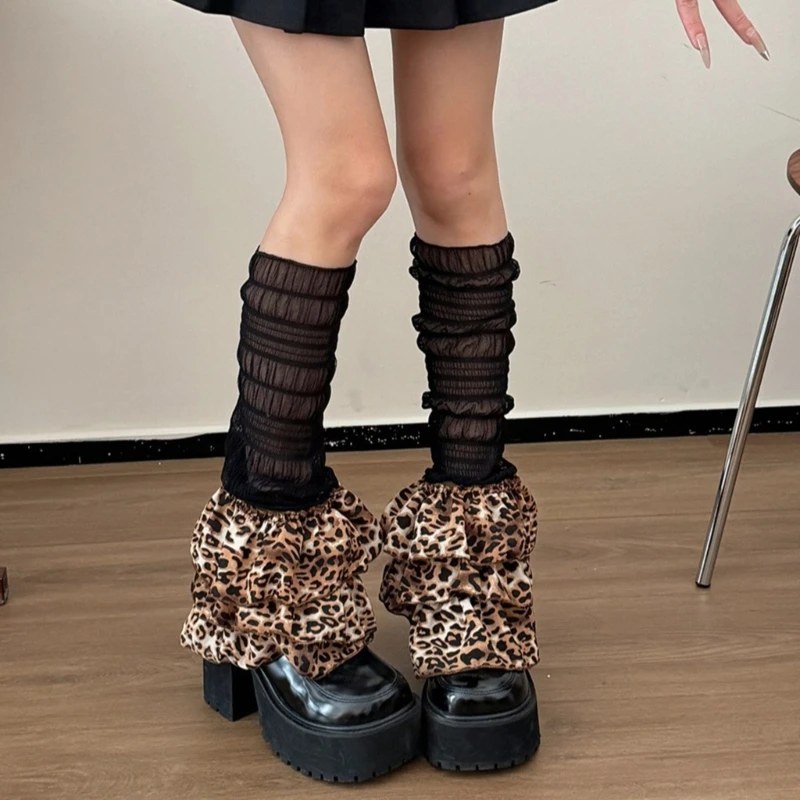 Vintage See Through Mesh Leg Warmer Sleeve for Women Leopard Print Tiered Ruffle Flared Ruched Leg Cuffs Cover Long Sock