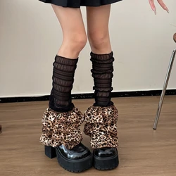 Vintage See Through Mesh Leg Warmer Sleeve dla kobiet Leopard Print Tiered Ruffle Flared Ruched Leg Cuffs Cover Long Sock