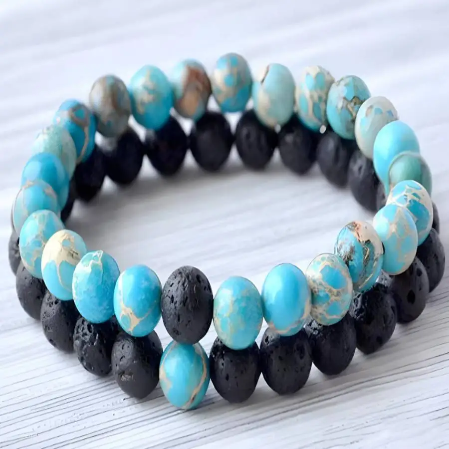 

1Pair 8mm Imperial Jasper Lava Stone Mala Bracelet Sacred Mala Gemstone Spiritual Meditation Buddha Men's elastic Natural stone