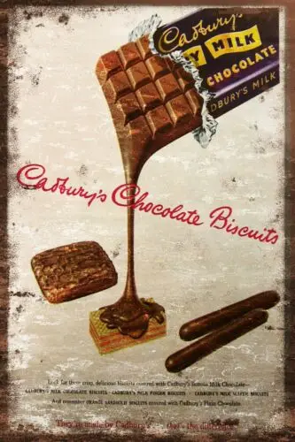 Cadbury's Chocolate Biscuits Advert, Estilo Vintage, aspecto envejecido, placa de señal de Metal