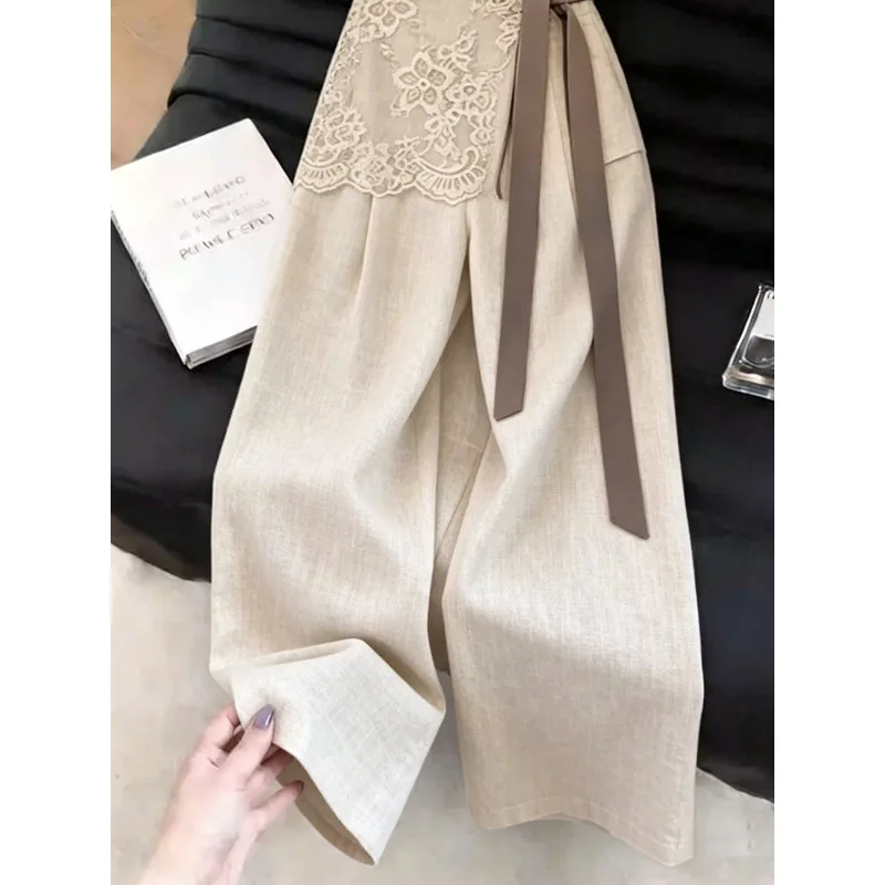 Harajuku Beige Linen Blend Wide Leg Pants High Waist Lace Patchwork Ribbon Belt Loose Trousers Women Elegant Chic Casual Bottom
