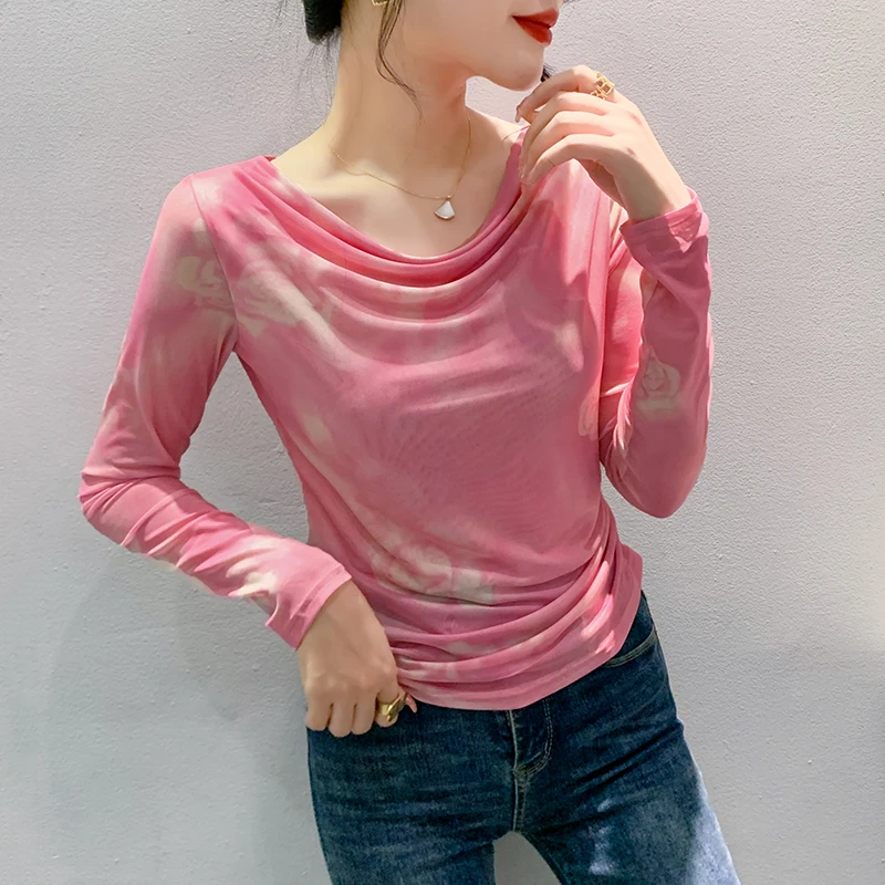 

2023 New Fall Winter European Clothes Mesh T-Shirt Women Chic Sexy Off Collar Print Tops Long Sleeve Bottoming Shirt Tees 38039