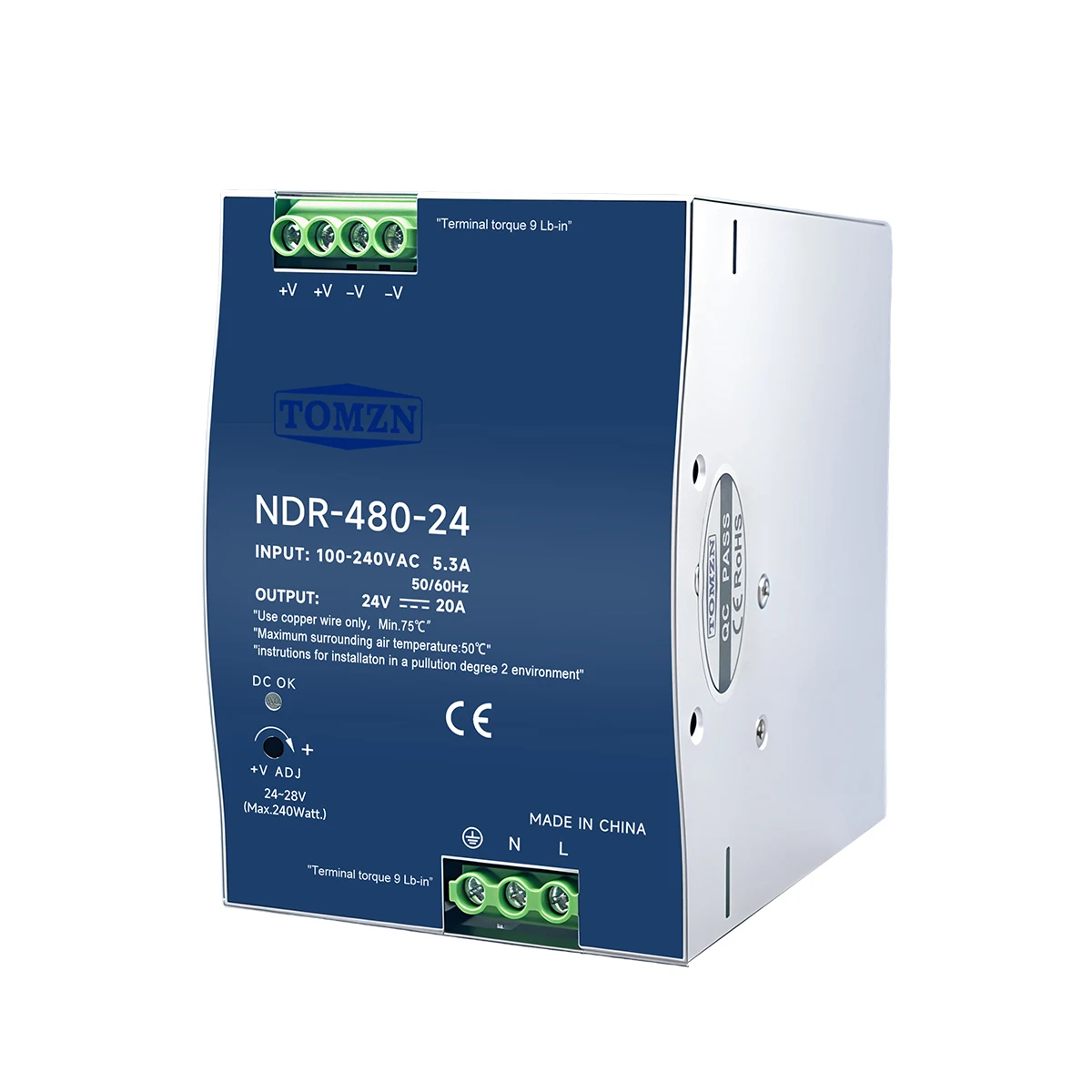 TOMZN NDR-480-12 NDR-480-24 480W AC to DC Switching Power Supply Input AC100-240V Output DC12V 24V Adjustable 50Hz 60Hz