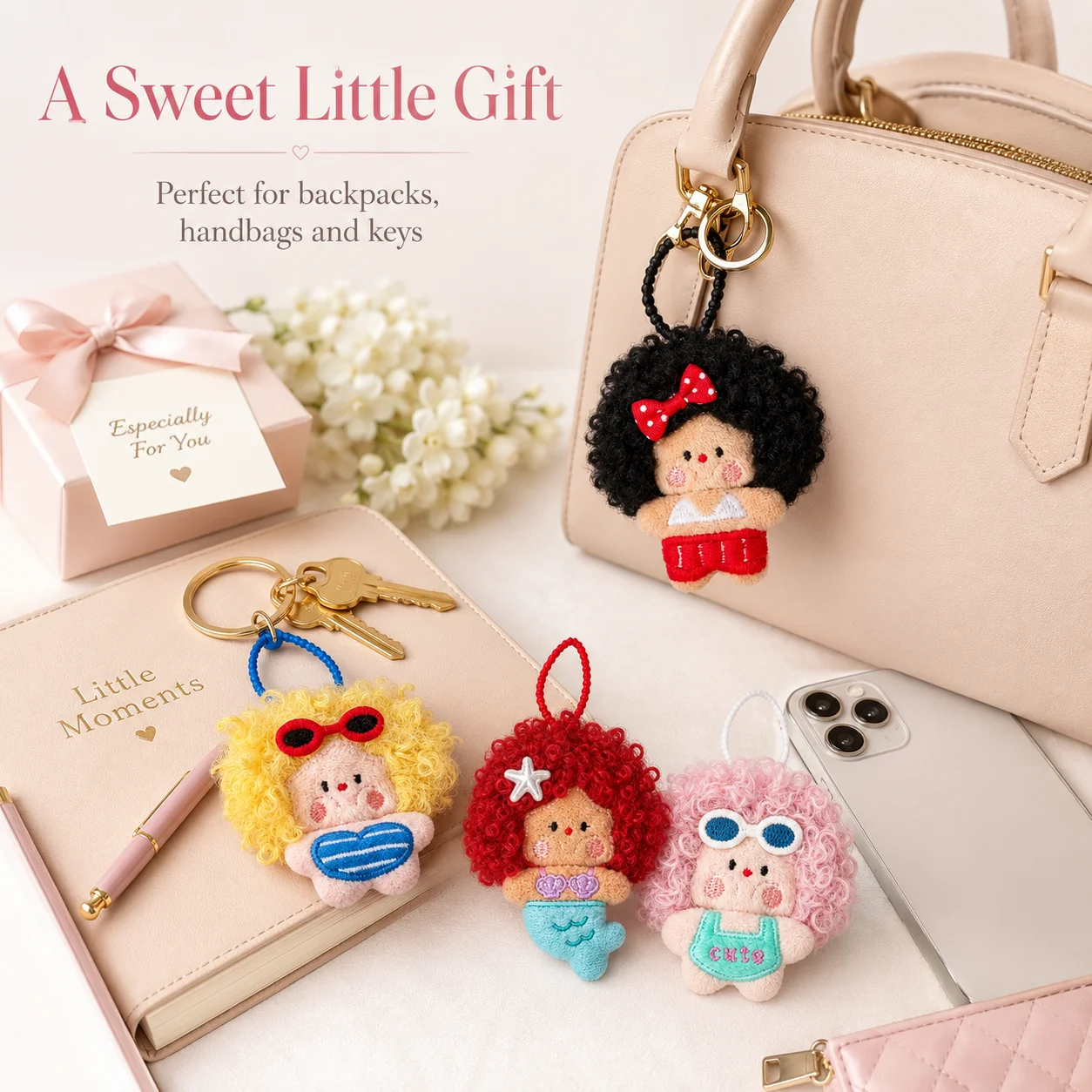 Doll Plush Bag Accessory, Kawaii Backpack Hanging Ornament, Cute Stuffed Toy Keychain for School Bags