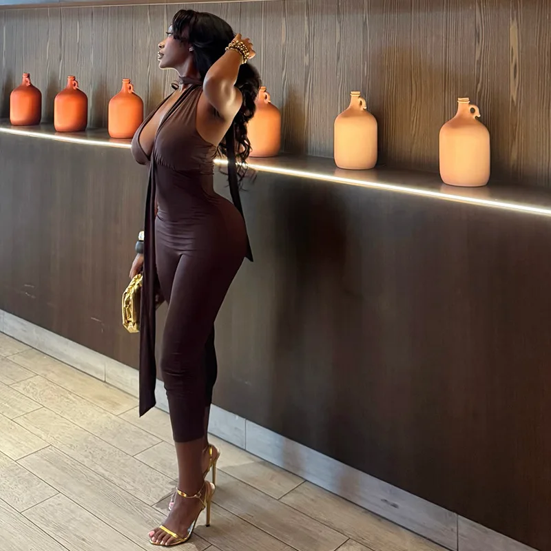 

Комбинезоны до середины икры на шнуровке с лямкой на шее и открытой спиной, женские сексуальные комбинезоны с глубоким v-образным вырезом без рукавов персикового цвета, узкие комбинезоны, клубная одежда, комбинезоны