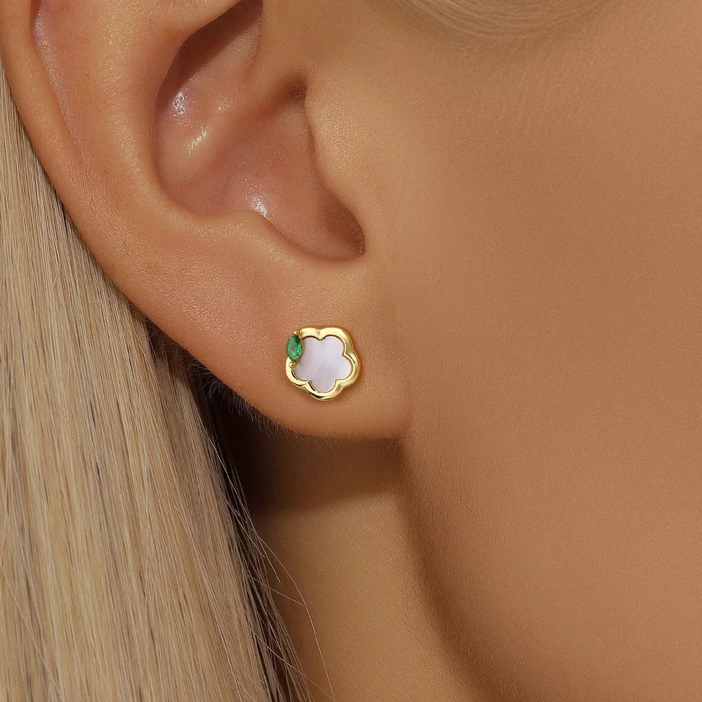 KO 925 Sterling Silver Golden fashion simple five petal flower green leaf/water drop horse eye zircon Women stud earrings