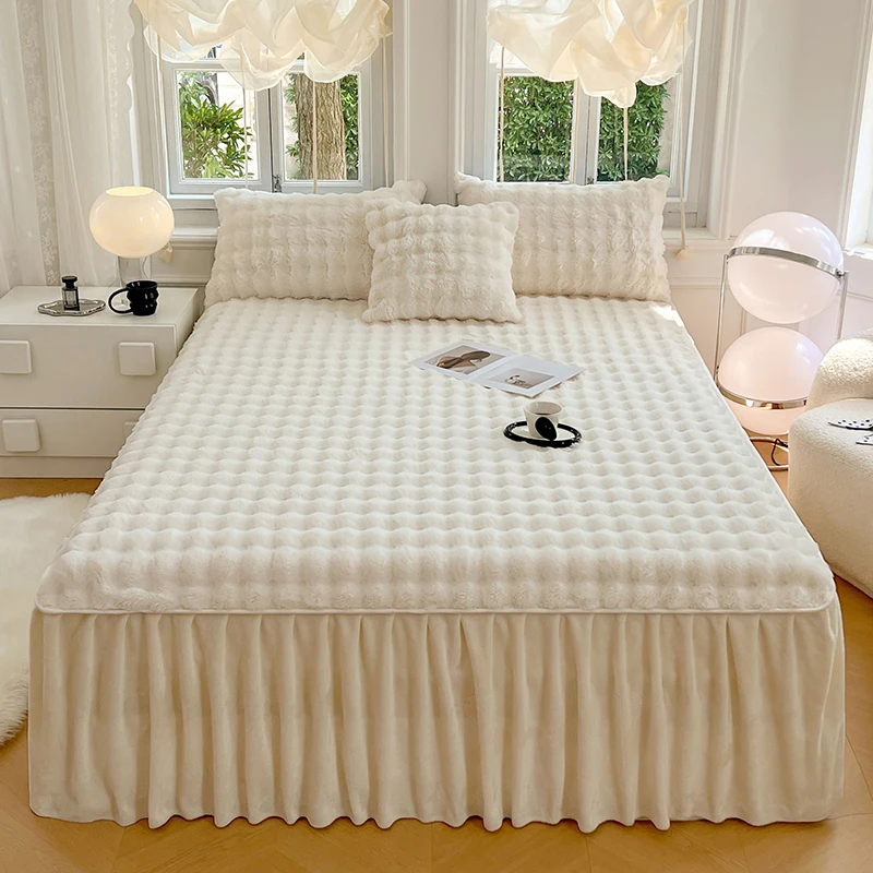 

1 шт., белая юбка для кровати, имитация кролика, бархатный флисовый наматрасник, зимняя теплая защита для матраса, домашнее постельное белье, Прямая доставка