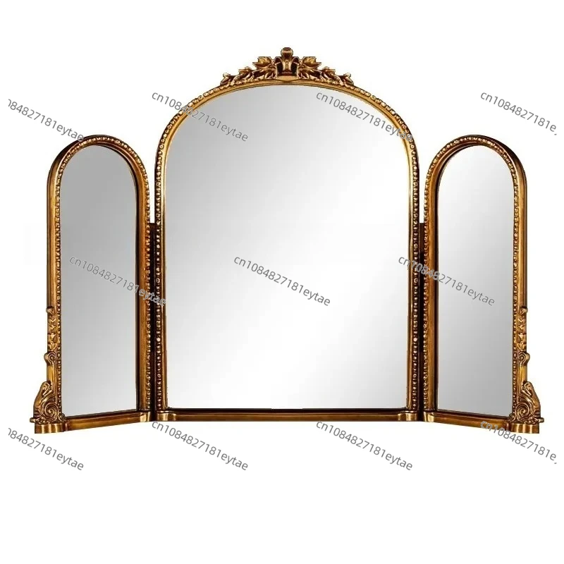 French Retro Tri-fold Mirror European Carved Vanity Bedroom Vanity Mirror Desktop Desktop Home Folding Three-sided Mirror