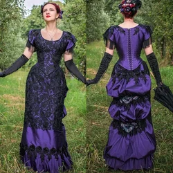 Scoop Neck Short Sleeve Purple And Black Victorian Wedding Dress Ruched Ball Gown Historical Costume Corset Bride Robe De Mariee