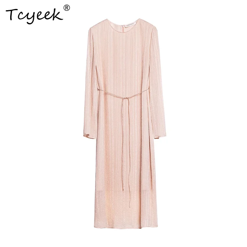 Tcyeek 10MM 100% vera seta abiti eleganti donna striscia irregolare manica lunga semplice OL vestito da partito 2024 primavera estate D3D768QM