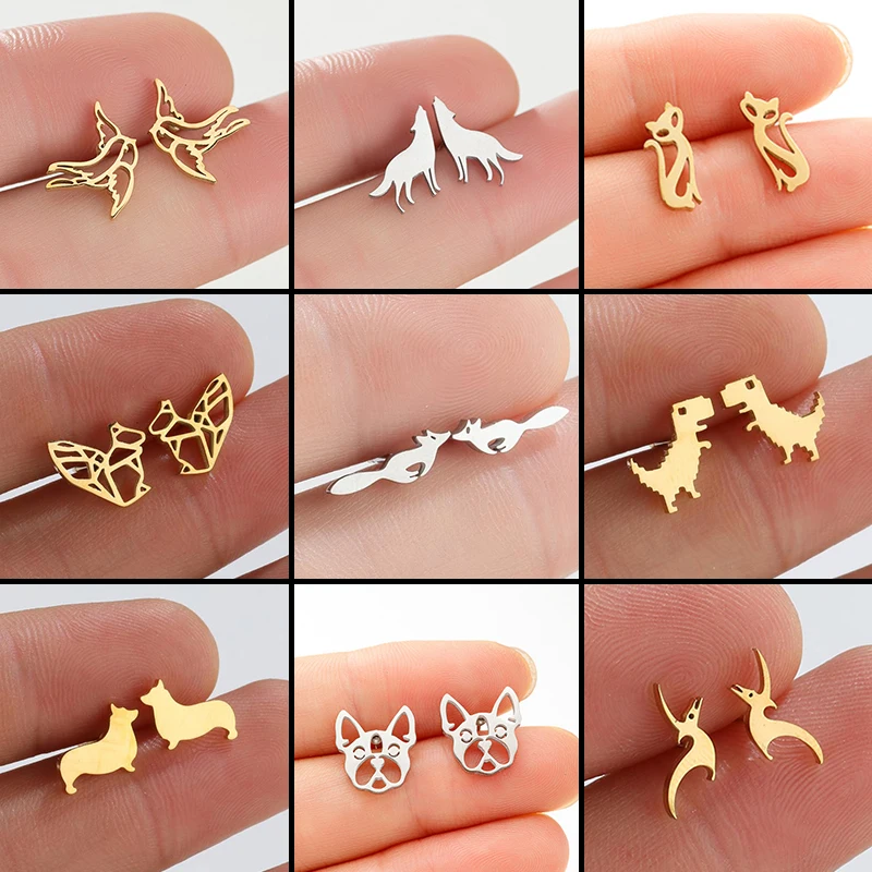 Cartoon Stainless Steel Dinosaur Bulldog Earrings Women Cute Squirrel Cat Ear Jewelry Girls Birthday Earring Gifts Accessories